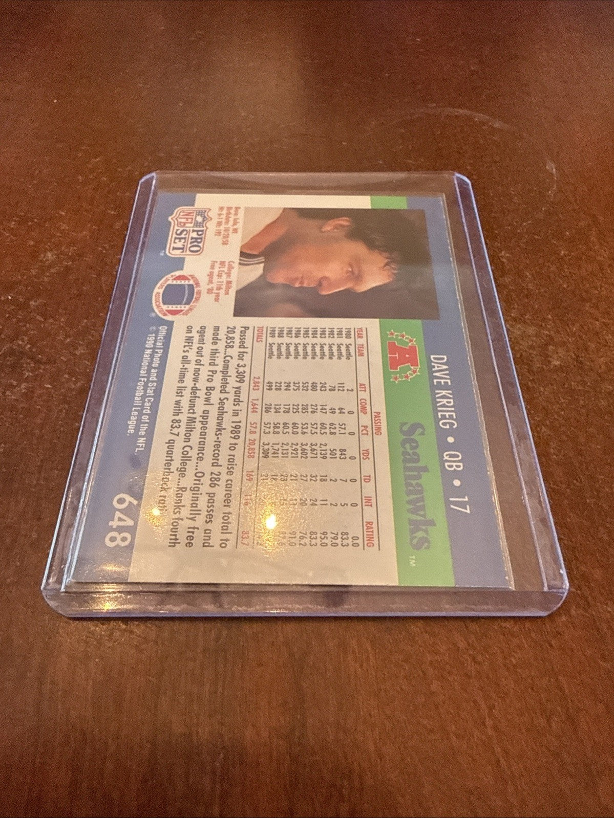 1990 Pro Set - Dave Krieg #648 Autograph
